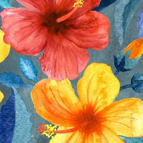 Colorful Watercolor Hibiscus on Grey Blue - large print