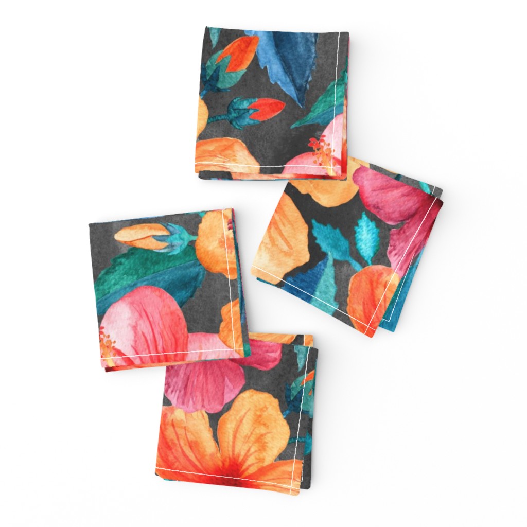 Colorful Watercolor Hibiscus on Dark Charcoal - large print