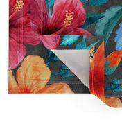 Colorful Watercolor Hibiscus on Dark Charcoal - large print