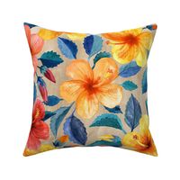 Colorful Watercolor Hibiscus on Warm Beige - large print