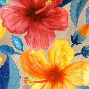 Colorful Watercolor Hibiscus on Warm Beige - large print