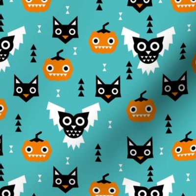 Halloween friends owls pumpkins and cats geometric trend illustration pattern for kids orange blue gender neutral