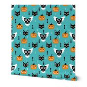 Halloween friends owls pumpkins and cats geometric trend illustration pattern for kids orange blue gender neutral