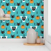 Halloween friends owls pumpkins and cats geometric trend illustration pattern for kids orange blue gender neutral