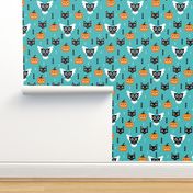 Halloween friends owls pumpkins and cats geometric trend illustration pattern for kids orange blue gender neutral