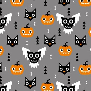 Halloween friends owls pumpkins and cats geometric trend illustration pattern for kids orange gray black and orange gender neutral