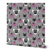 Halloween friends owls pumpkins and cats geometric trend illustration pattern for kids orange gray black and purple