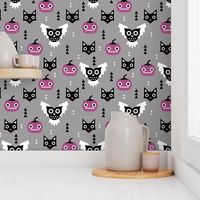 Halloween friends owls pumpkins and cats geometric trend illustration pattern for kids orange gray black and purple