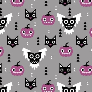 Halloween friends owls pumpkins and cats geometric trend illustration pattern for kids orange gray black and purple