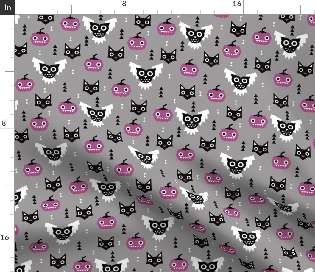 Halloween friends owls pumpkins and cats geometric trend illustration pattern for kids orange gray black and purple