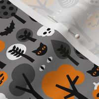 Halloween friends woodland trees bats owls pumpkins and cats geometric trend illustration pattern for kids orange gray black and orange gender neutral