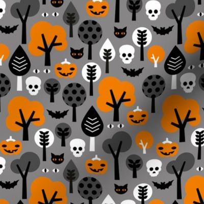 Halloween friends woodland trees bats owls pumpkins and cats geometric trend illustration pattern for kids orange gray black and orange gender neutral