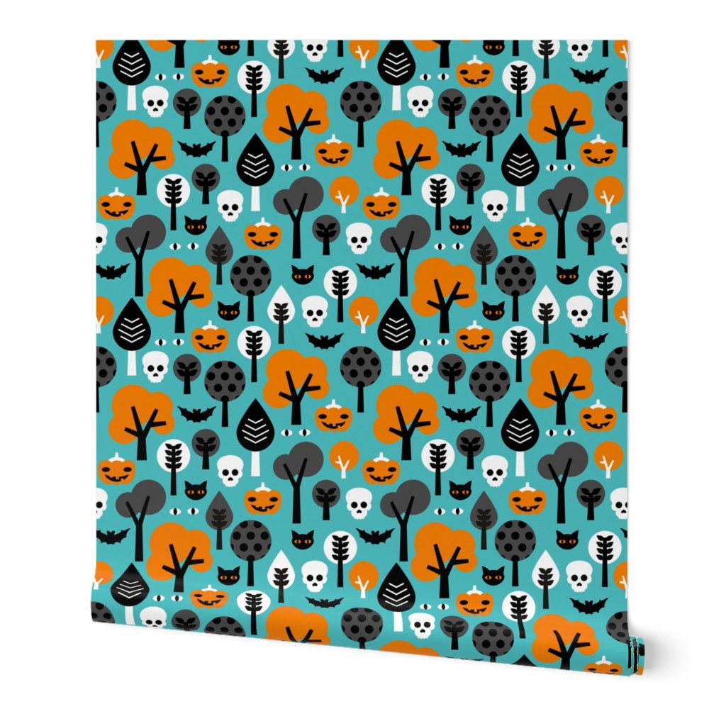 Halloween friends woodland trees bats owls pumpkins and cats geometric trend illustration pattern for kids orange blue gender neutral