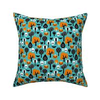 Halloween friends woodland trees bats owls pumpkins and cats geometric trend illustration pattern for kids orange blue gender neutral