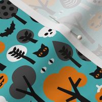 Halloween friends woodland trees bats owls pumpkins and cats geometric trend illustration pattern for kids orange blue gender neutral