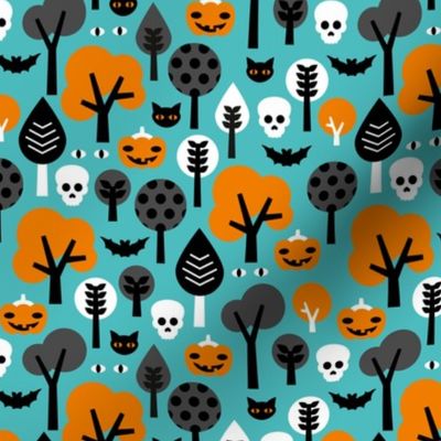 Halloween friends woodland trees bats owls pumpkins and cats geometric trend illustration pattern for kids orange blue gender neutral