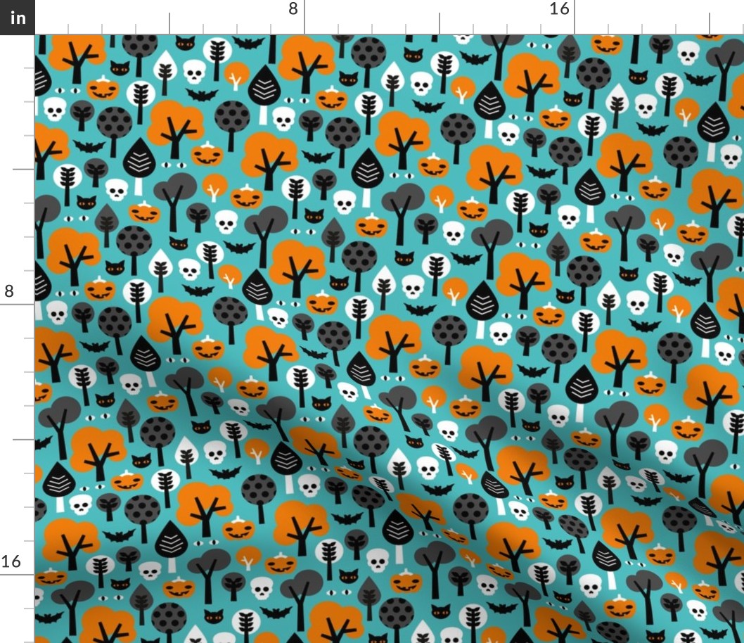 Halloween friends woodland trees bats owls pumpkins and cats geometric trend illustration pattern for kids orange blue gender neutral