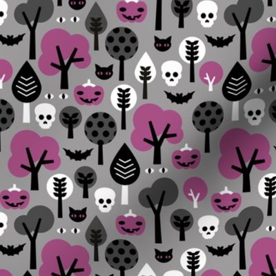 Halloween friends woodland trees bats owls pumpkins and cats geometric trend illustration pattern for kids orange gray black and purple