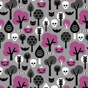 Halloween friends woodland trees bats owls pumpkins and cats geometric trend illustration pattern for kids orange gray black and purple