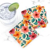 Colorful Watercolor Hibiscus on Cream - small print