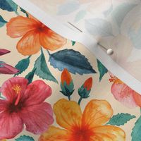 Colorful Watercolor Hibiscus on Cream - small print