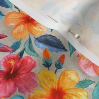 Colorful Watercolor Hibiscus on Silver Grey - small print