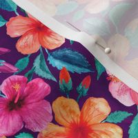 Colorful Watercolor Hibiscus on Deep Plum - small print