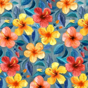 Colorful Watercolor Hibiscus on Grey Blue - small print