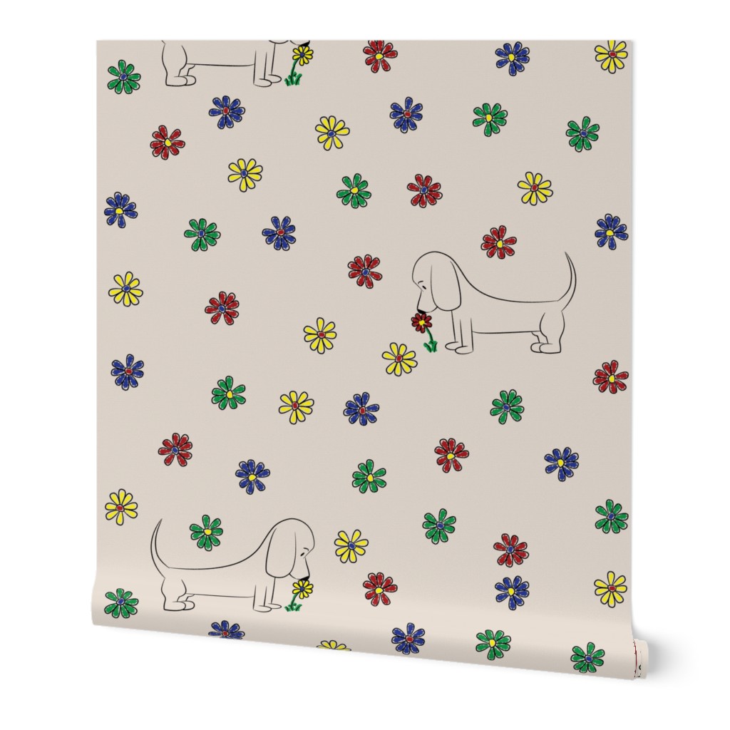 Doodle Bassets and Flowers (Tan)