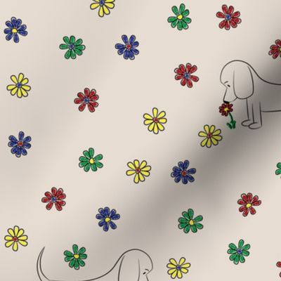 Doodle Bassets and Flowers (Tan)