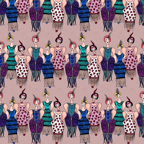 Whimsical Flappers on Dusty Rose Background