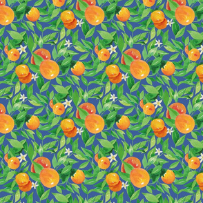 Watercolor Oranges and flowers - on royal blue