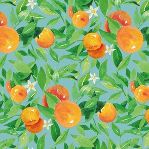Watercolor Oranges and flowers - on blue