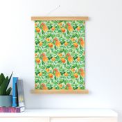 Watercolor Oranges and flowers - on teal