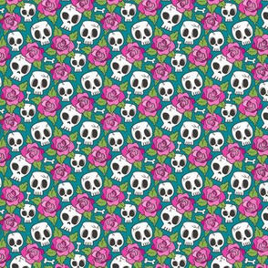Skulls and Roses Pink on Teal Tiny Small