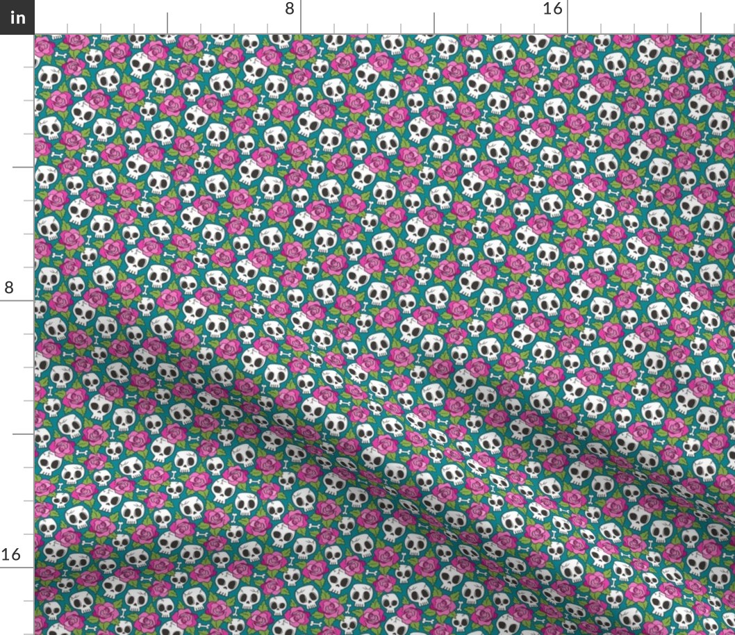 Skulls and Roses Pink on Teal Tiny Small