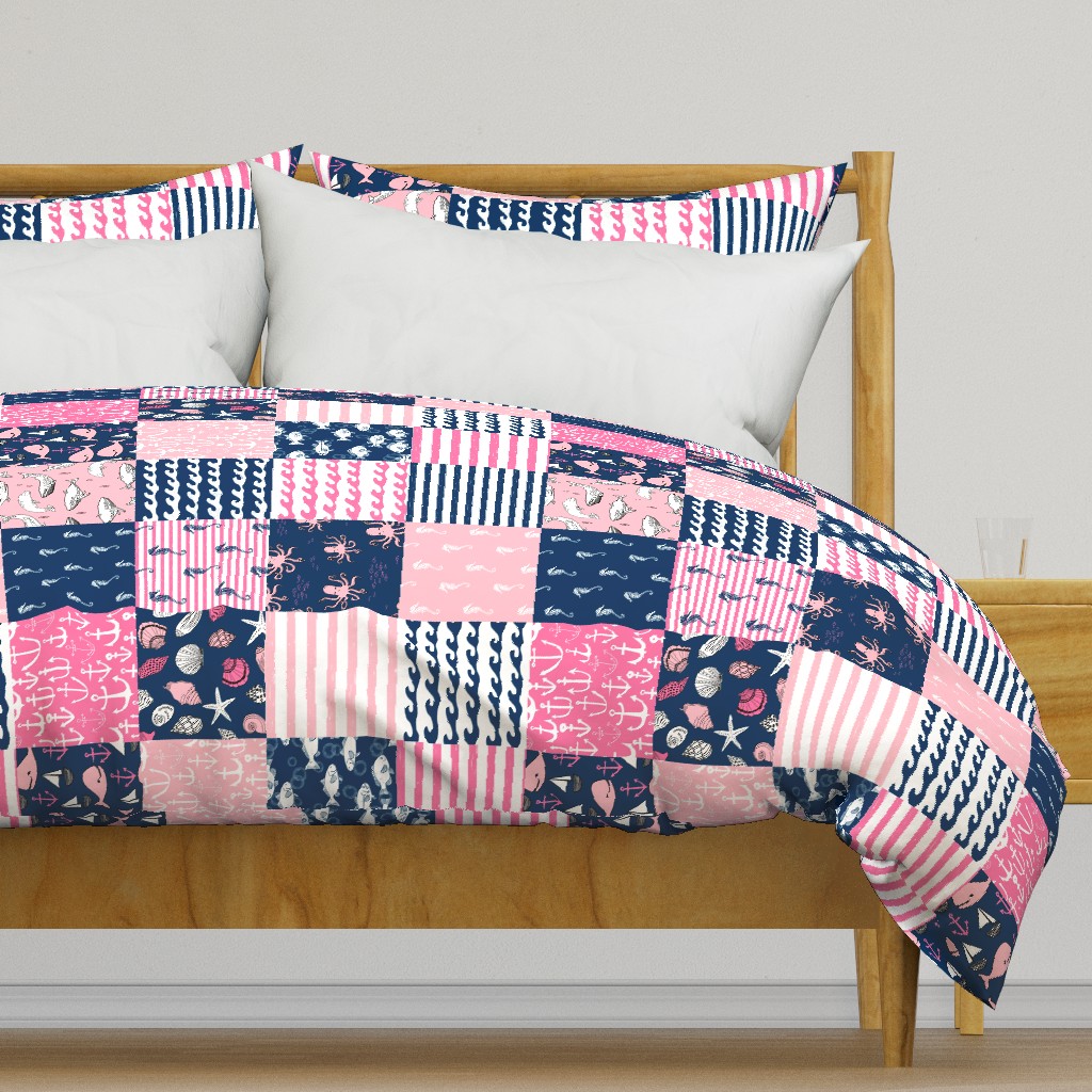 ROTATED - nautical wholecloth cheater quilt fabric navy and pink fabric