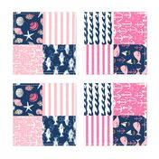 ROTATED - nautical wholecloth cheater quilt fabric navy and pink fabric