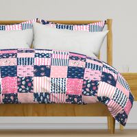 ROTATED - nautical wholecloth cheater quilt fabric navy and pink fabric