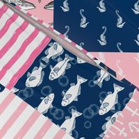 ROTATED - nautical wholecloth cheater quilt fabric navy and pink fabric