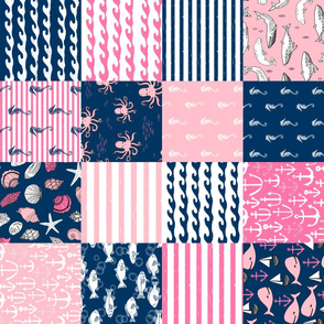 ROTATED - nautical wholecloth cheater quilt fabric navy and pink fabric