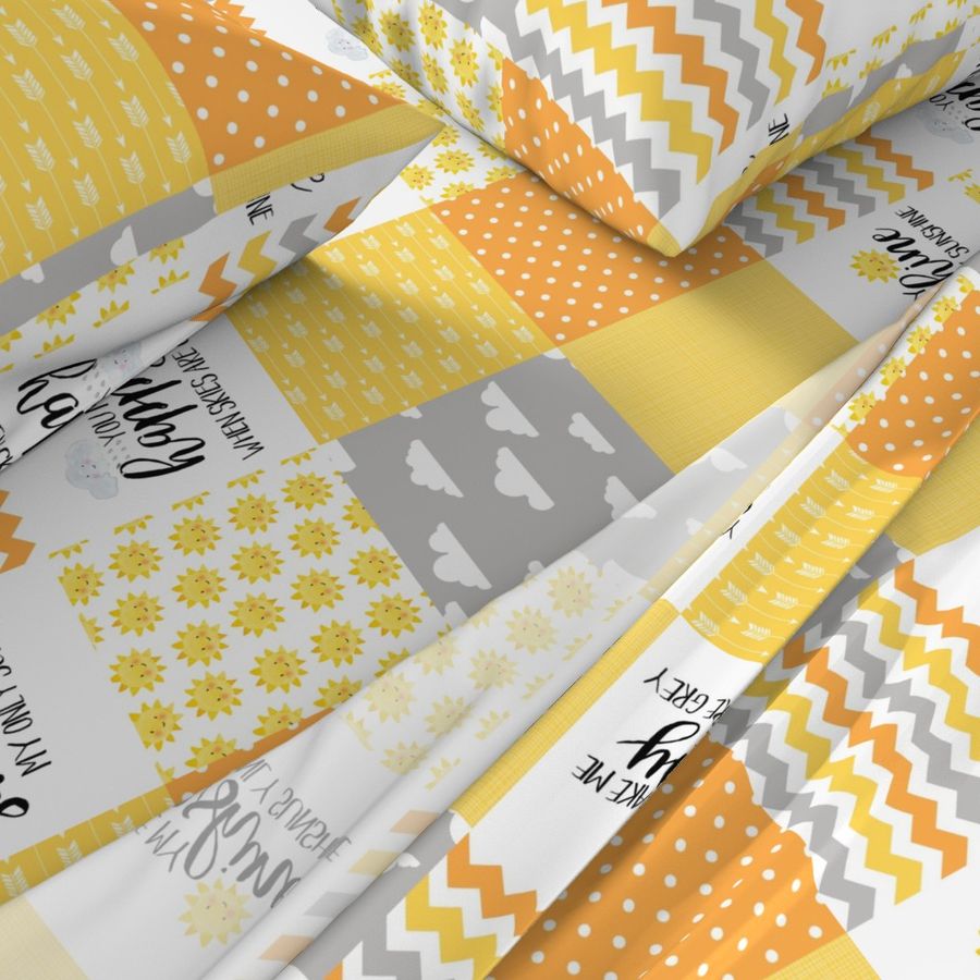 You are my sunshine - Yellow, Orange, Grey - Wholecloth Cheater Quilt - Rotated