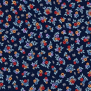 Small Scale retro ditsy flowers red orange navy