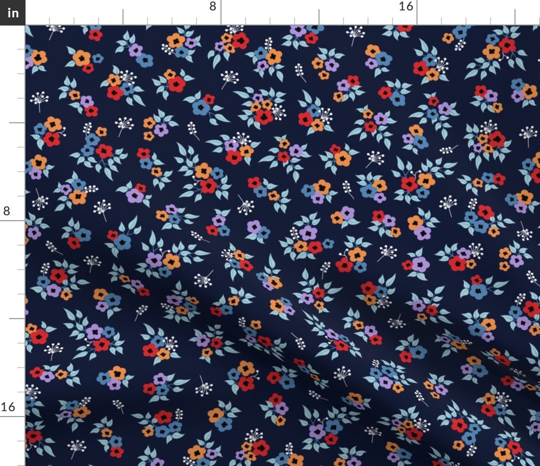 Small Scale retro ditsy flowers red orange navy