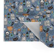 Halloween Doodle Skulls,Spiders,Skeleton,Bat, Ghost,Web, Zombies on Blue Smaller Tiny