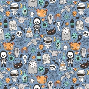 Halloween Doodle Skulls,Spiders,Skeleton,Bat, Ghost,Web, Zombies on Blue Smaller Tiny