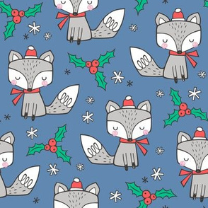 Winter Christmas Xmas Holidays Fox With snowflakes , hats  beanies,scarf  on  Dark Blue Navy
