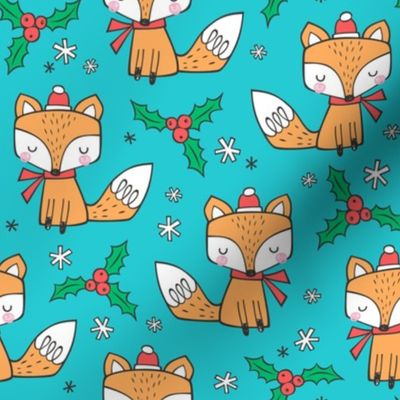 Winter Christmas Xmas Holidays Fox With snowflakes , hats  beanies,scarf  Red Orange on Blue