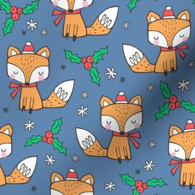 Winter Christmas Xmas Holidays Fox With snowflakes , hats  beanies,scarf  Red Orange on Dark Blue Navy