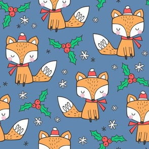 Winter Christmas Xmas Holidays Fox With snowflakes , hats  beanies,scarf  Red Orange on Dark Blue Navy